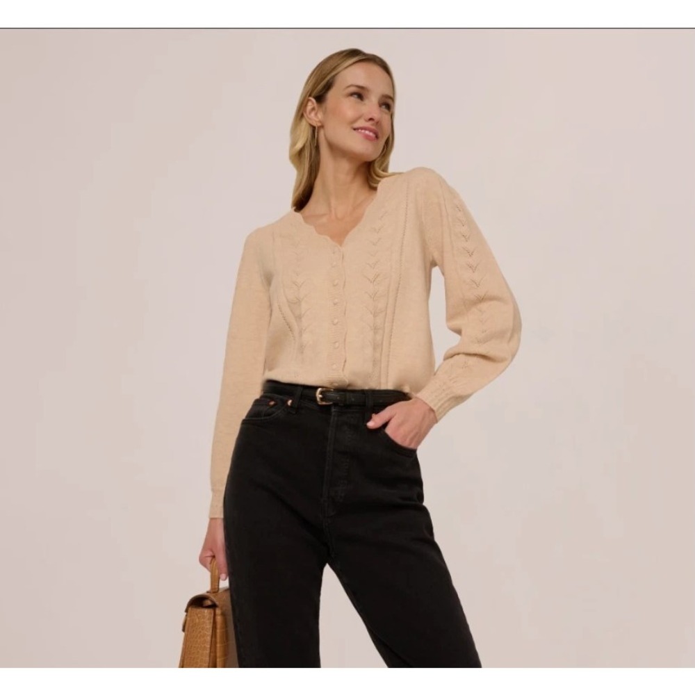 Adrianna Papell Beige Pointelle Scalloped V-Neck Cardigan Sweater XL NWT